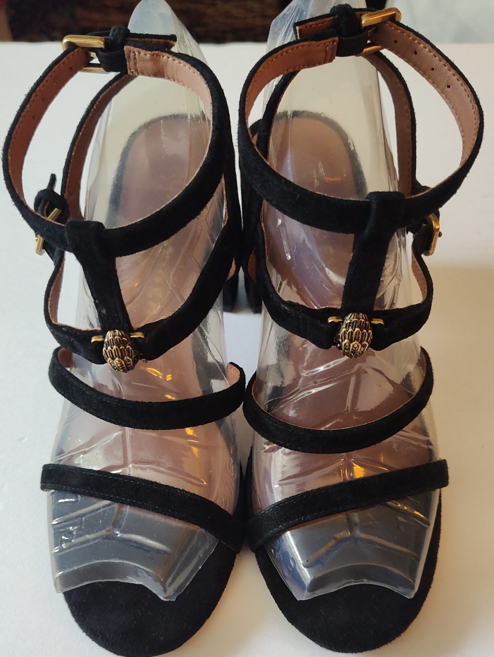 KURT GEIGER LONDON Black Suede Strappy Crystal Hawk Heels Size 36.5 US 6.5-7